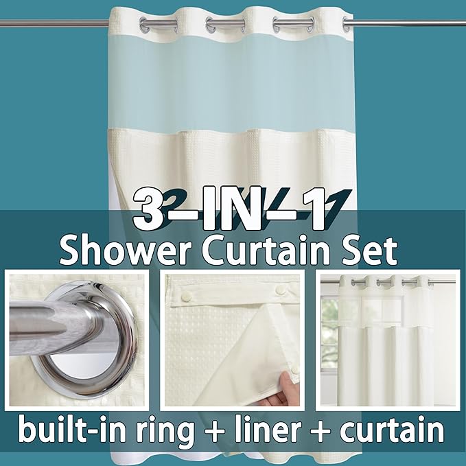 Conbo Mio Stall No Hook Waffle Weave Shower Curtain with Snap in Liner Set, Hotel Luxury Beige Shower Curtains for Bathroom with See Through Top Window, Waterproof, Washable 54W x 74H