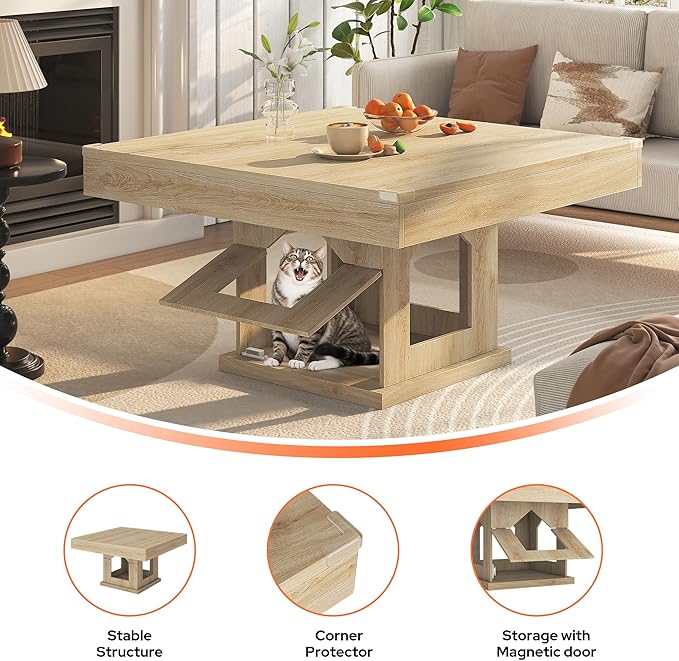 Square Coffee Table, Wooden Coffee Table with Storage and Cat House, Cocktail Table for Living Room, Farmhouse Large Natural Wood Center Table