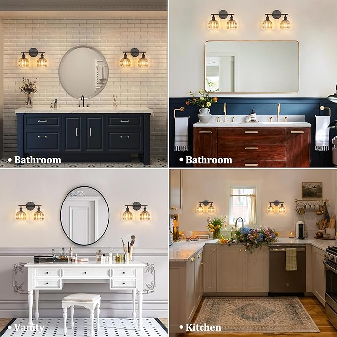 Bathroom Light Fixtures, 2-Light Black Vanity Wall Light Over Mirror with Amber Tulip Glass Shade for Bedroom Living Room