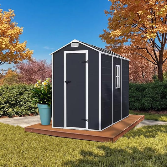 4' x 8' Resin Storage Shed Outdoor, PP Material & Strong Structure for All Weather, Plastic Garden Shed w/Window for Garden, Backyard, Poolside and Lawn, 15mm Thick PP Board - Dark Grey