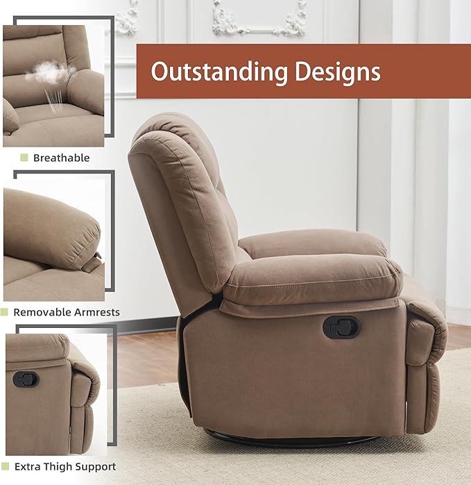 Swivel Rocking Recliner Chair for Adults, Overstuffed Manual Rocker Nursery Recliner Glider, Upholstered Fabric Reclining Single Sofa Chair for Living Room (Mocha)