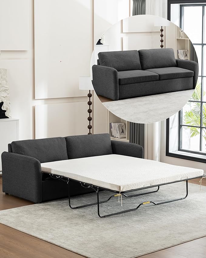 Queen Size Pull Out Sofa Bed, Convertible Sleeper Sofa Couch with Pullout Bed, 2 in 1 Sofa Bed Couch with Memory Foam Mattress for Living Room Office, Space-Saving, Dark Grey