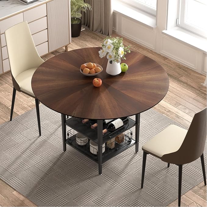 VFK 47 Inch Round Dining Table Set, Modern Wood Dining Table with Double Storage Rack, 2 Person Dining Table and Chair Set for Kitchen, Dining Room, Living Room