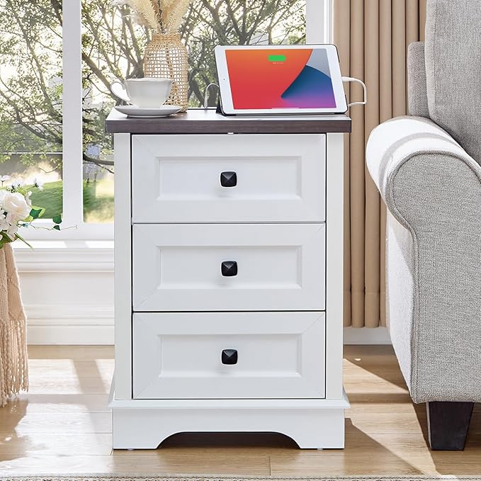 LIDYUK 3 Drawer White Dresser for Bedroom Farmhouse Dresser Chest of Drawers, 25" Tall Nightstand with Charging Station Chest of Drawers for Bedroom, Living Room