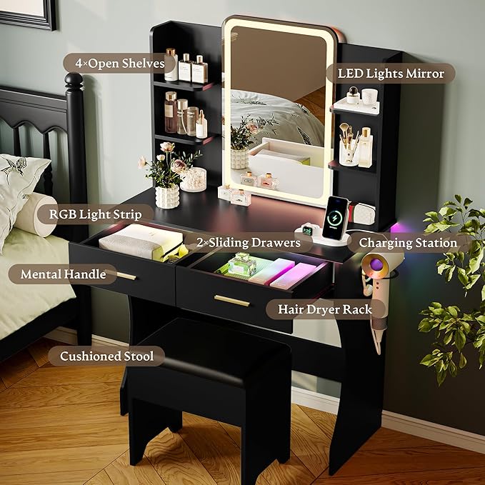 Black Makeup Vanity Desk with Mirror and Lights, Small Vanity Table Set with Power Outlet, Dressing Table with 2 Drawer & 4 Storage Shelves, Adjustable RGB Lighting, Includes Chair for Girl’s Bedroom