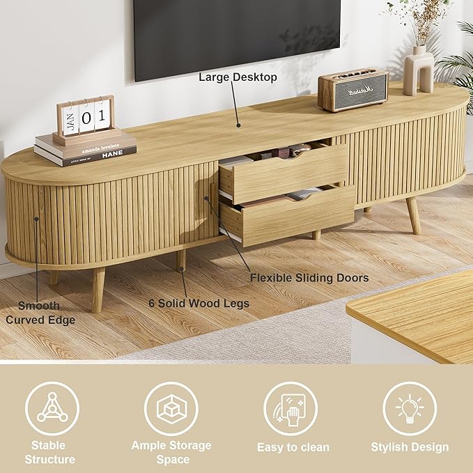 69" Fluted TV Stand, Mid Century Modern TV Stand Fits TVs Up to 75", Wood Entertainment Center for Living Room, Farmhouse TV and Media Console Table with Storage, Curved Edge and Sliding Door, Oak