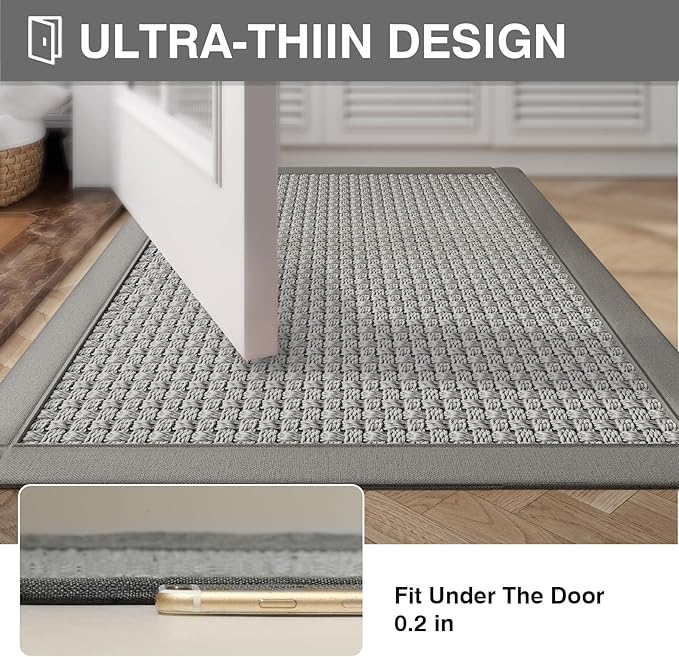Non Slip Ultra Thin Bathroom Rugs Mat 20x32, Bath Mat for Bathroom Quick Dry Absorbent Bathroom Mat Floor Rubber Backed Fit Under Door, Woven Washable Bath Rugs, Gray