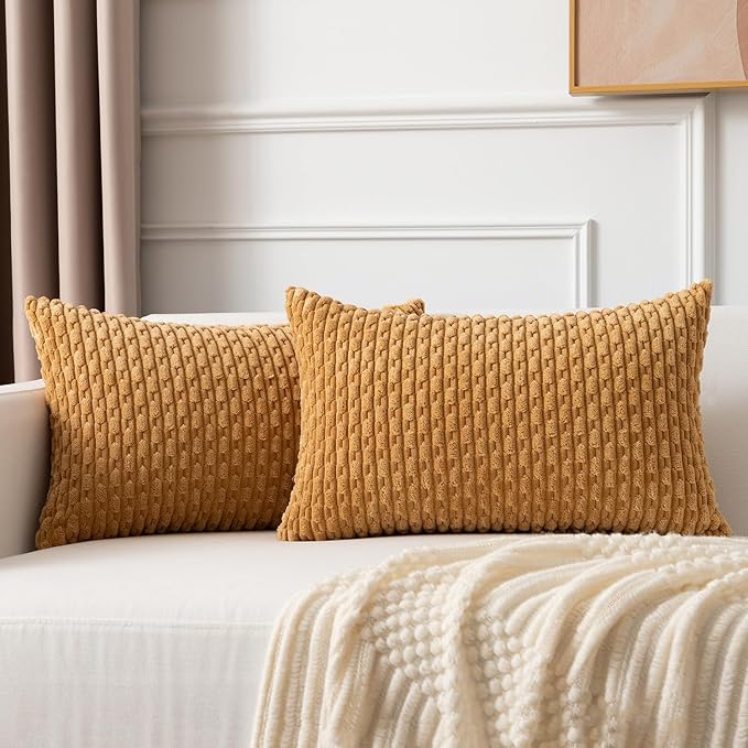 Kevin Textile Throw Pillow Covers Soft Corduroy Decorative Set of 2 Boho Striped Pillow Covers Pillowcases Farmhouse Home Decor for Couch Bed Sofa Living Room 12x20 Inch Gold