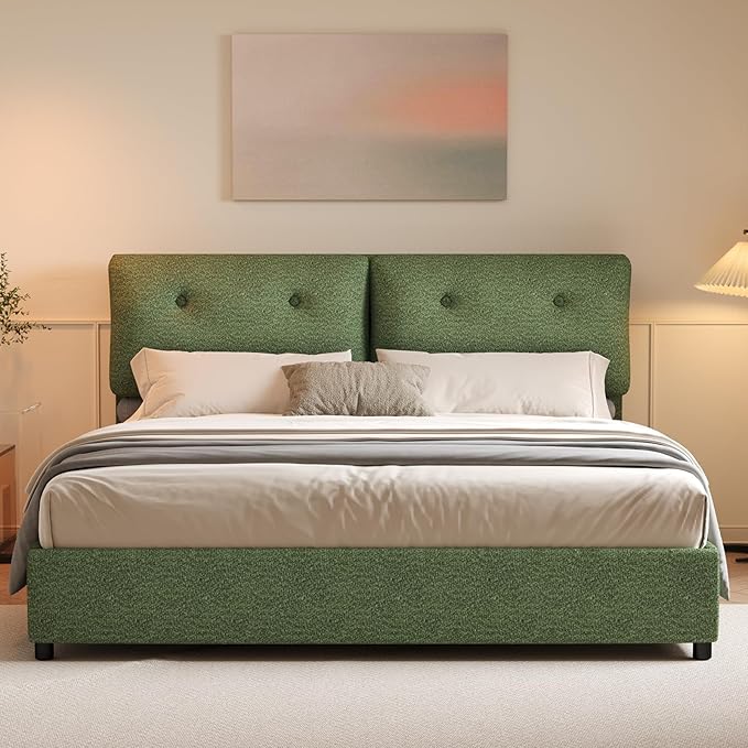 King Bed Frames,Breathable Boucle Fabric Upholstered Bed Frame with Headboard,Removable and Washable,Wood Slat Support,No Box Spring Needed,Easy Assembly,Green