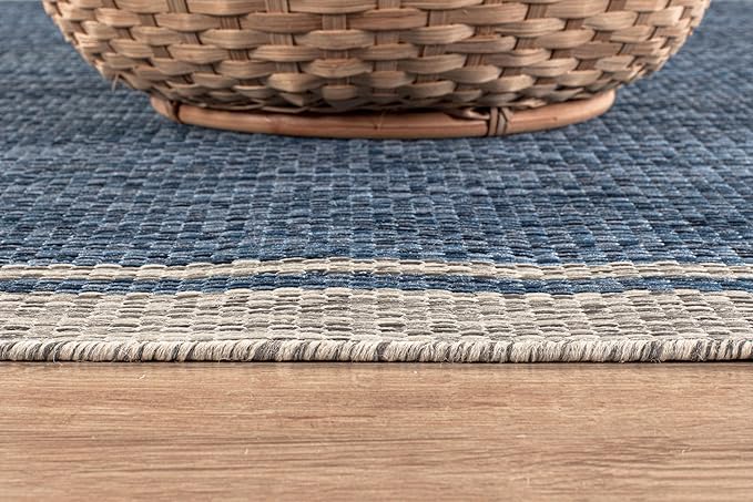CAMILSON Outdoor Rug, 9x12 Bordered Navy Blue Gray Modern Large Area Rugs for Indoor and Outdoor Patios, Porches Waterproof Washable Porch Deck Outside Carpet (Bordered Navy, 9 x 12)