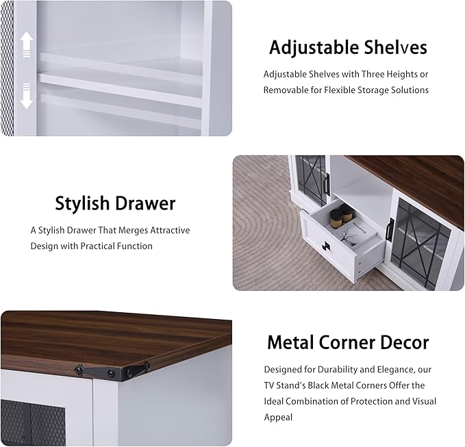 Entertainment Center White TV Stand with Charging Station Modern 55'' Television Stand Console with Adjustable Storage Shelves, Rustic Media Storage Cabinet for Living Room and Bedroom