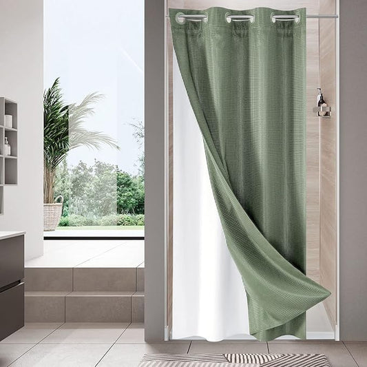 MitoVilla No Hooks Needed Small Stall Shower Curtain 36 x 74, Sage Green Waffle Half Size Narrow Waffle Weave Fabric Shower Curtain Set with Snap-in Liner for Modern Spa-Like Bathroom Decor