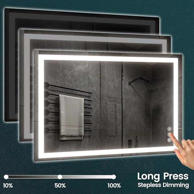 36"x 40" Bathroom Mirror with Lights, LED Mirror for Bathroom with Stepless 3 Colors Temperature & Dimmable Memory Anti-Fog Tempered Glass Mirror