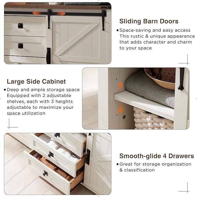 T4TREAM 60'' Farmhouse Dresser Chests for Bedroom w/4 Drawers & Sliding Barn Doors, Tall Chest of Drawers, Rustic Dresser TV Stand, Organizer for Bedroom, Living Room, Kitchen, Antique White