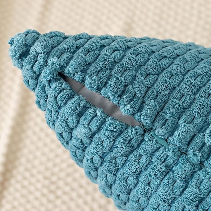 Kevin Textile Throw Pillow Covers Soft Corduroy Decorative Set of 2 Boho Striped Pillow Covers Pillowcases Farmhouse Home Decor for Couch Bed Sofa Living Room 16x16 Inch Light Blue