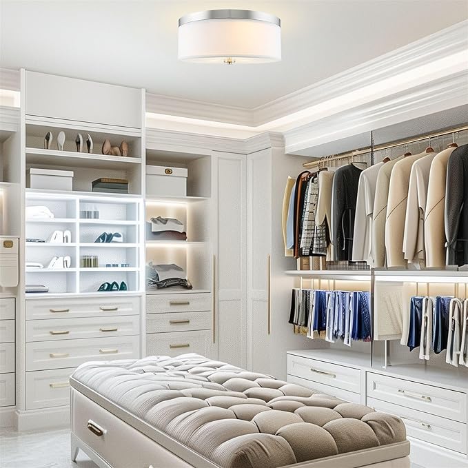 Kira Home Walker 20" Large Mid-Century Modern 3-Light Flush Mount Ceiling Light, White Fabric Shade + Round Glass Diffuser, Brushed Nickel Finish