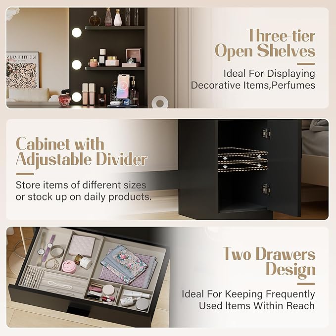 JUMMICO 35.4" Vanity Desk with LED Mirror & Power Outlet, Makeup Vanity Table with 3 Open Storage Shelves, Drawers and Cabinet, 3 Model Adjustable Lights for Bedroom & Dressing Room (Black)