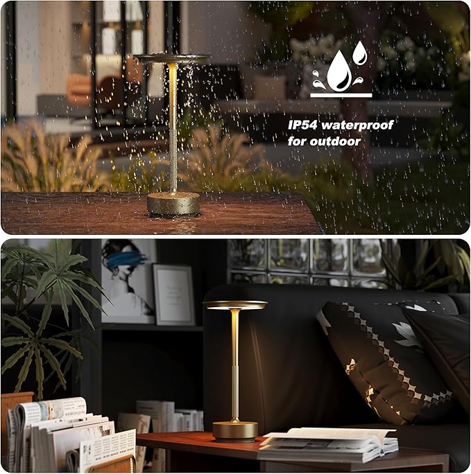 Cordless Table Lamps Rechargeable, Portable 5000mAh Battery Operated Lamp, 3 Color Stepless Dimming LED Table Light with Memory Function, for Outdoor/Dinner/Patio/Restaurant.(Gold)
