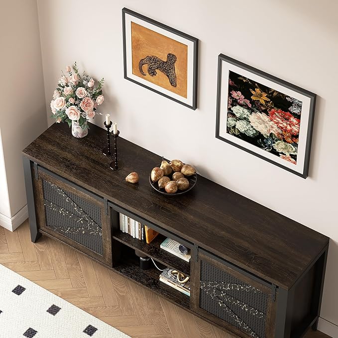 VFK 70 Inch TV Stand for TVs up to 70", Rustic Farmhouse Media Console with Sliding Barn Doors, 6 Drawers, Entertainment Center for Living Room