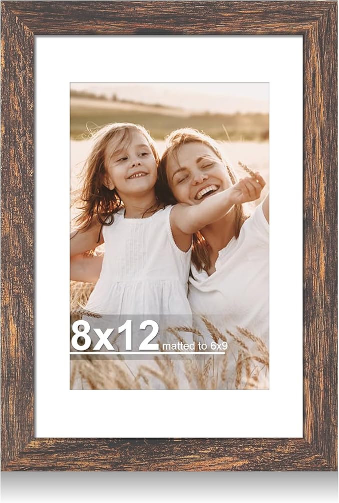 8x12 Picture Frame with Glass, Display Pictures 6x9 with Mat or 8 x 12 without Mat - Wall and Tabletop, 8 by 12 Photo Wooden Frames (Rustic Brown, 1 Pack)