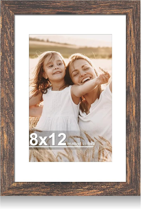 8x12 Picture Frame with Glass, Display Pictures 6x9 with Mat or 8 x 12 without Mat - Wall and Tabletop, 8 by 12 Photo Wooden Frames (Rustic Brown, 1 Pack)