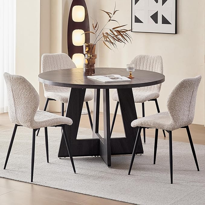 47" Round Dining Room Table Set for 4, [Fanned Base] [1.38" Thick Top] Wood Kitchen Table with 4 Boucle Dining Chairs