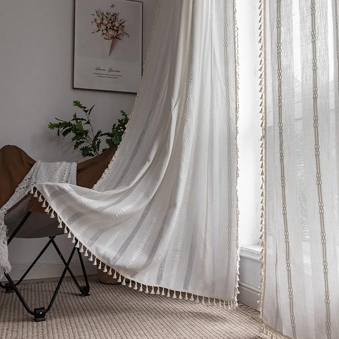 Boho Curtains for Bedroom Embroidery Striped Farmhouse 84 Inches Long 2 Pannels Set White Linen Light Filtering for Living Room Rod Pocket Drapes(52" W x 84" L,White)