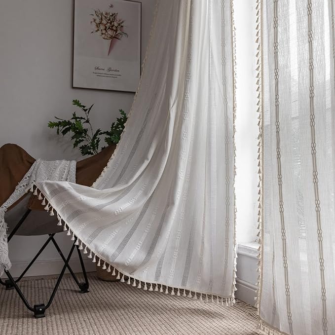 Boho Curtains for Bedroom Embroidery Striped Farmhouse Curtains 63 Inch Length 2 Pannels for Living Room Off White Linen Semi Sheer Rod Pocket Drapes(52" W x 63" L,White)