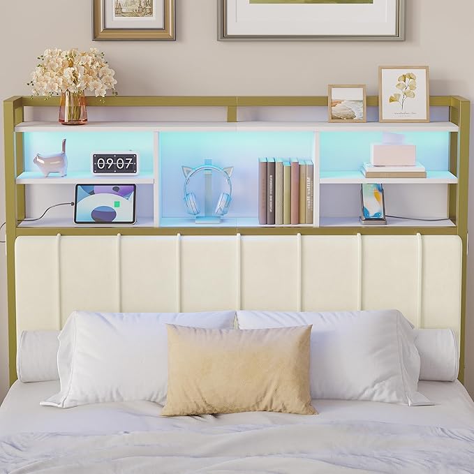 Headboard with 3-Tier Storage Shelves, Velvet Upholstered Head Board with 2 Outlets, USB Ports & LED Light, Soft Backrest for Full Size Bed, White and Gold BH13803A