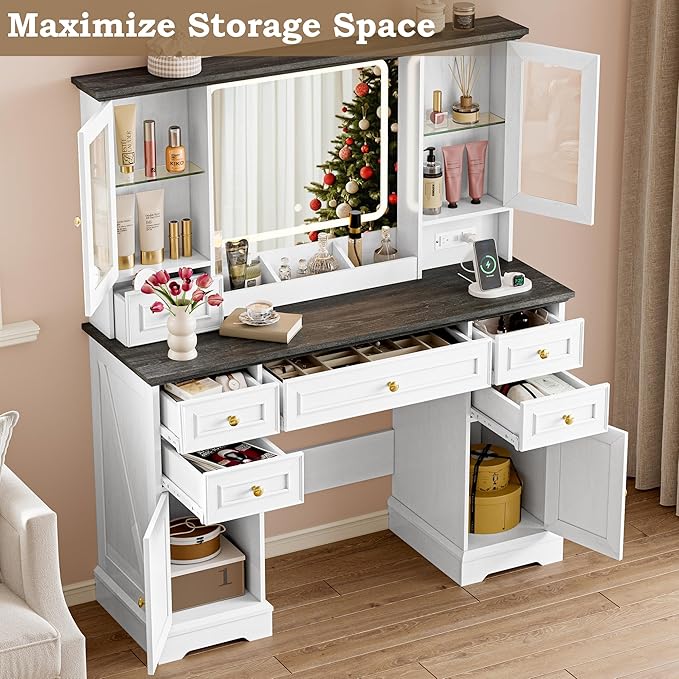 Vanity Desk with Lights, Large LED Mirror with 3 Color Modes, Makeup Vanity with Power Outlet & USB Ports, 6 Drawers & 2 RGB Glass Cabinets, Farmhouse Dressing Table for Women & Girls (White)