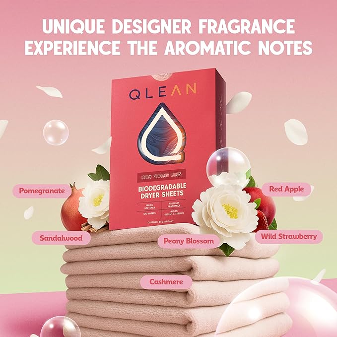 QLEAN Dryer Sheets | Natural Fabric Softener & Removes Static Cling | Vegan Laundry Softener | Soft, Fresh Laundry, Perfect for Clothes and Beddings - 120 Loads (Ruby Sunset Bliss)