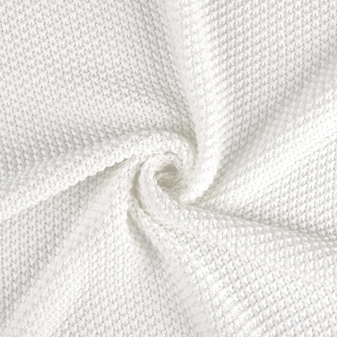 PiccoCasa 100% Cotton Knit Blanket Twin Size,Solid Lightweight Decorative Throws and Blankets,Soft Knitted Throw Blanket for Sofa Couch, White 60" x 78"