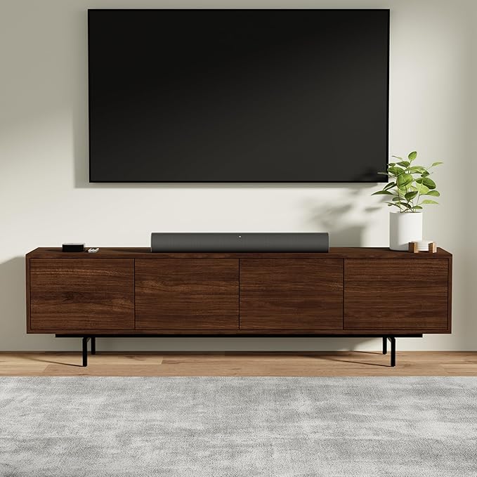 Norrhaus 75" x 20" Walnut 4-Door TV Stand in Walnut - Modern TV Console Made from Quality Engineered Hardwood with Water Resistant Melamine Veneer - No Tools Frame Assembly