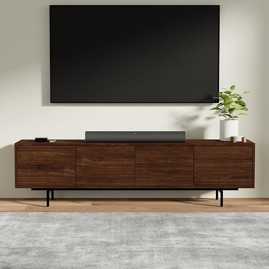 Norrhaus 75" x 20" Walnut 4-Door TV Stand in Walnut - Modern TV Console Made from Quality Engineered Hardwood with Water Resistant Melamine Veneer - No Tools Frame Assembly