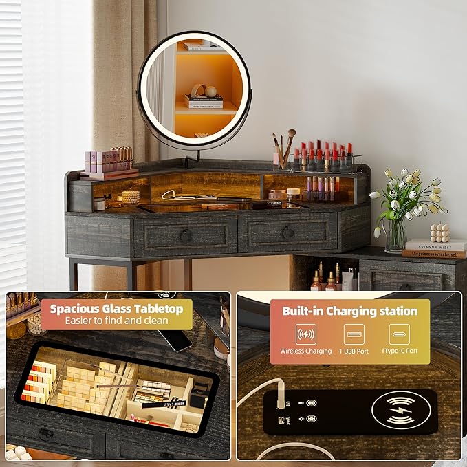 Corner Vanity Desk with Rotating Mirror and Lights,Glass Top Makeup Vanity with Human Body Senor&Charging Station,LED Vanity Table Set with 5 Drawers and Shelves for Bedroom