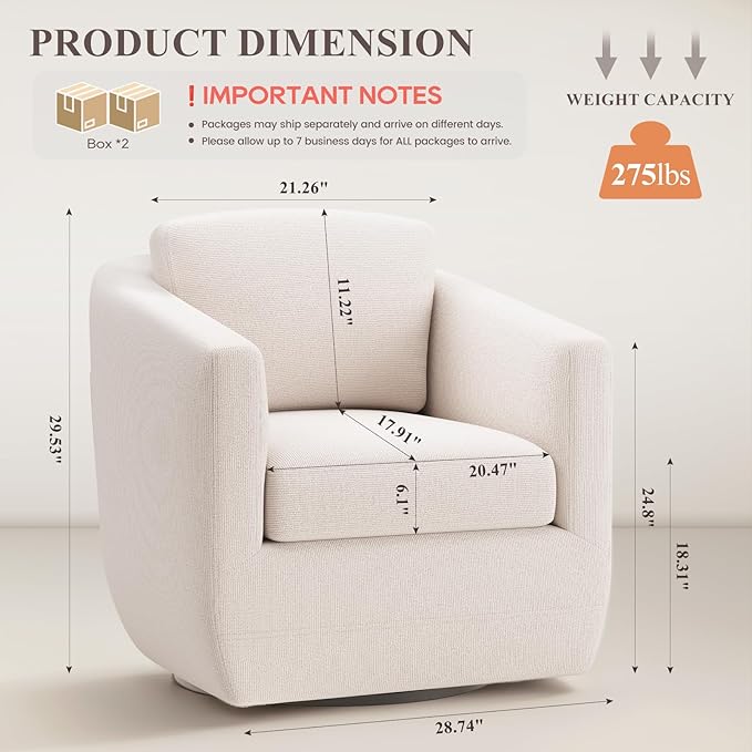 COLAMY 360° Swivel Accent Chair Set of 2 with Pillow - Comfy Living Room Armchair No-Sag Foam & Sturdy Metal Base, Fully Assembled Swivel Accent Single Sofa for Bedroom Living Room, Office, Beige