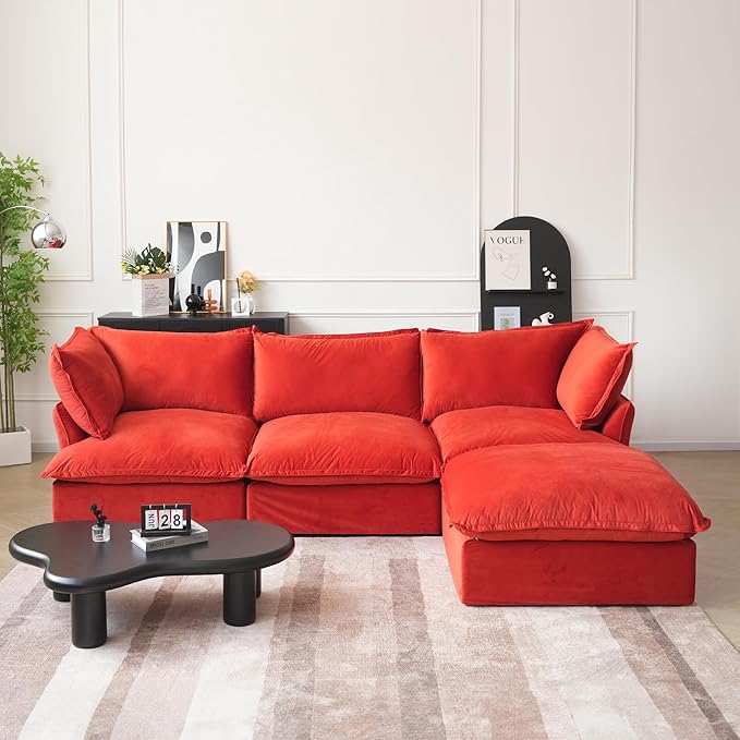 JACH L-Shaped Modular Couches, Deep Seat Sectional Couch with Chaise Ottoman, Modern Comfy Cloud Sectional Sofas, Cushion Covers Removable, Two Corners and A Middle Sofa for Living Room (Red)