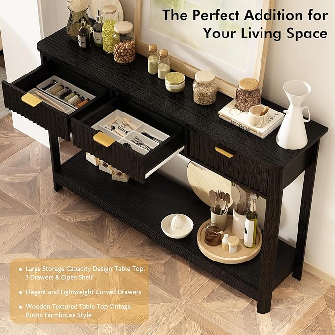 RUSTOWN Fluted Wood Console Table with 3 Drawers, Boho Narrow Behind Couch Entryway Table with Open Storage Shelf, Modern Sofa Table for Living Room, Foyer and Hallway (Black)