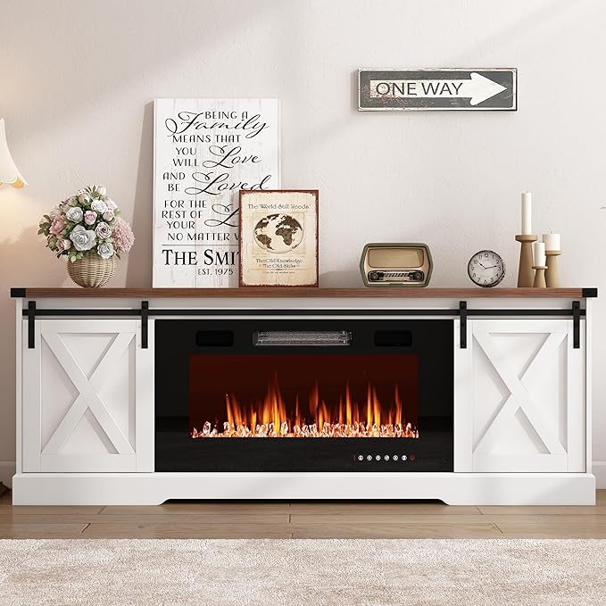 Farmhouse Fireplace TV Stand for 70/75/80 Inch TV, 70 inch Entertainment Center Storage Cabinets with 36”Electric Fireplace and Sliding Barn Doors, Media Console Cabinet for Living Room, White
