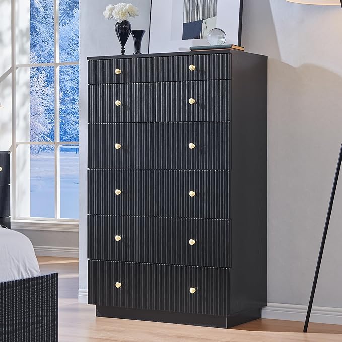 Fluted 7 Drawer Dresser for Bedroom, 48" Tall Black 7 Drawer & Chests of Drawers, Wood Modern Chest of Drawers with Deep Storage for Bedroom, Closet Hallway, Entryway, Living Room, Black