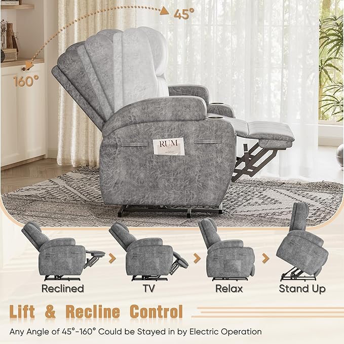 Power Lift Recliner Chair with Massage Electric Lift Chair for Elderly, Ergonomic Recliner with Cup Holders & Side Pockets, Modern Single Sofa for Living Room (Leathaire, Light Gray)