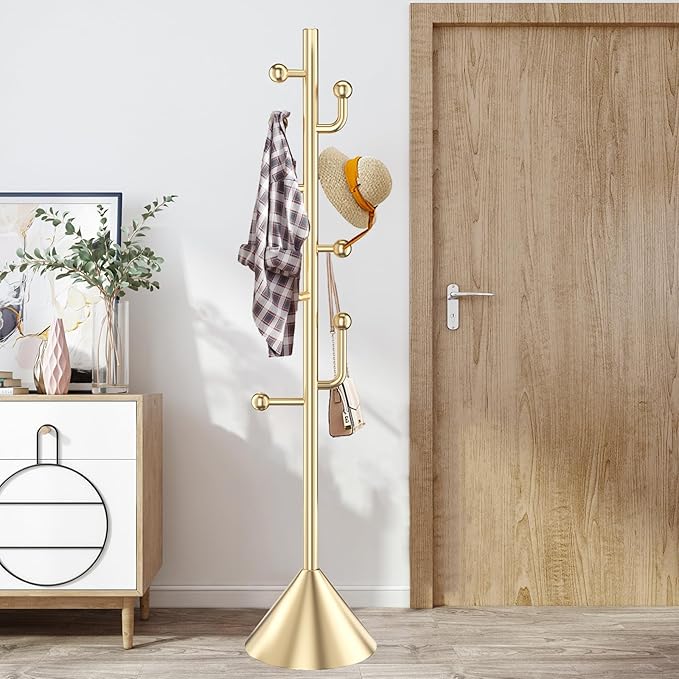 Modern Metal Coat Rack Stand with Cone Base, Heavy Duty Coat Rack Freestanding with 8 Hooks, Golden Cactus Standing Coat Racks for Bag, Jacket, Entryway Office (Golden cone base)