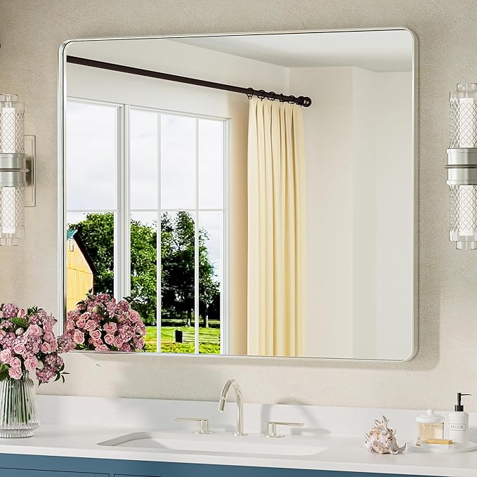 TETOTE 42 x 36 Inch Brushed Nickel Mirror Metal Framed Bathroom Mirror, Tempered Glass, Modern Farmhouse Wall Mounted Mirror for Decorative(Horizontal/Vertical)