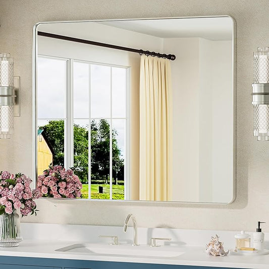 TETOTE 42 x 36 Inch Brushed Nickel Mirror Metal Framed Bathroom Mirror, Tempered Glass, Modern Farmhouse Wall Mounted Mirror for Decorative(Horizontal/Vertical)