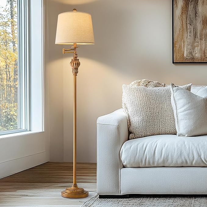 61" Vintage Floor Lamp with 350° Adjustable Swing Arm, Gold Standing Lamp for Bedroom Living Room Nightstand Bedside Retro Farmhouse Mid Century Lamp Light Home Décor Office Gifts