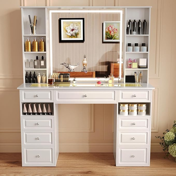Vanity Desk with Mirror and Lights, Glass Top Dressing Table with 9 Drawers,European Style Vanity Table, Crystal Ball Knobs, White Makeup Desk (White-Glass Top)