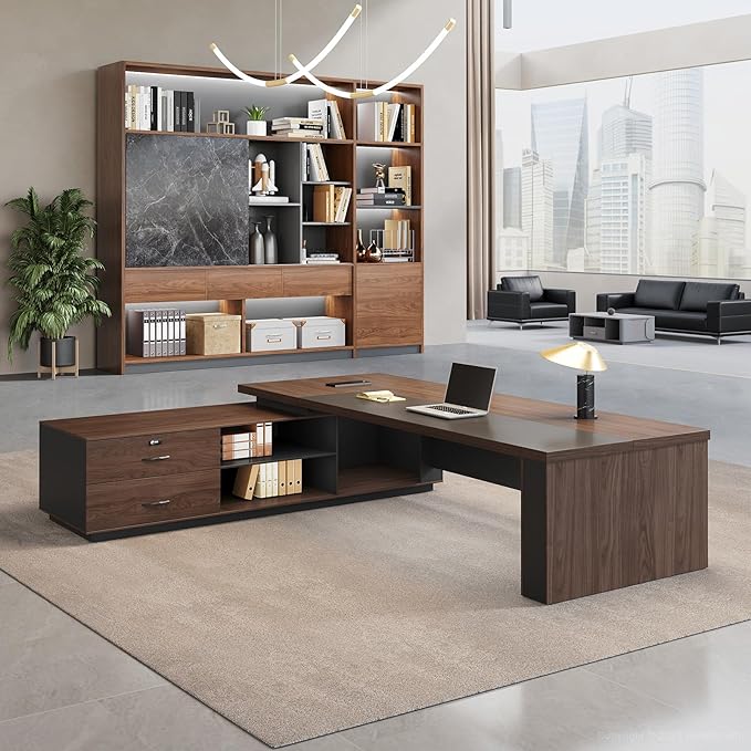L-Shaped Executive Desk with LED Lights, Lockable Storage & 3-in-1 Charging Station, Reversible Cabinet, Modern Wood Office Desk for CEO, Manager & Home Office(Red Walnut+Black, 63"L*63"W*30"H)