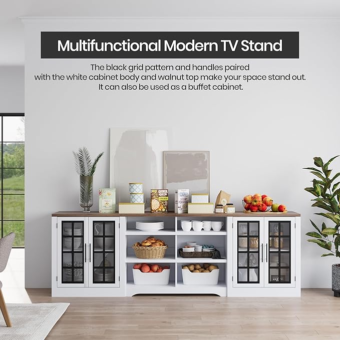 94.5 inch TV Stand for TVs up to 100", Entertainment Center Console Table with Closed Storage Cabinet and 3-Tier Open Shelves, Farmhouse TV Console for Living Room, White