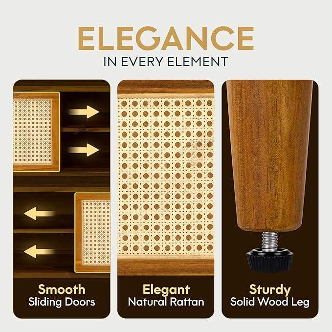 Bme Oliver TV Stand for TVs up to 55", Mid-Century Solid Wood TV Console with Natural Rattan Door, Media TV Console, Entertainment Center with Storage, Fluted Media Cabinet for Living Room, Caramel