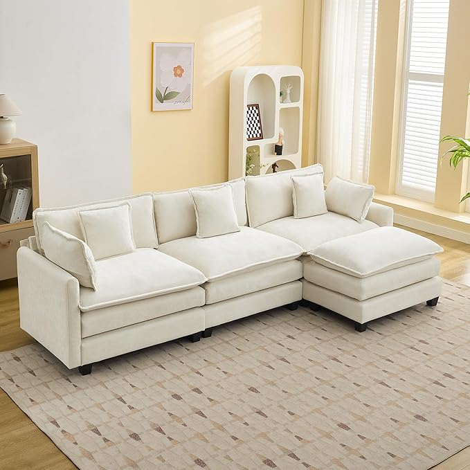111'' Sectional Cloud Deep Seat Couch, Modern Comfy Chenille L Shaped Sectional Sofa for Living Room Set, Upholstered Modular 4-Seats Sofa Couch with Movable Ottoman, Beige